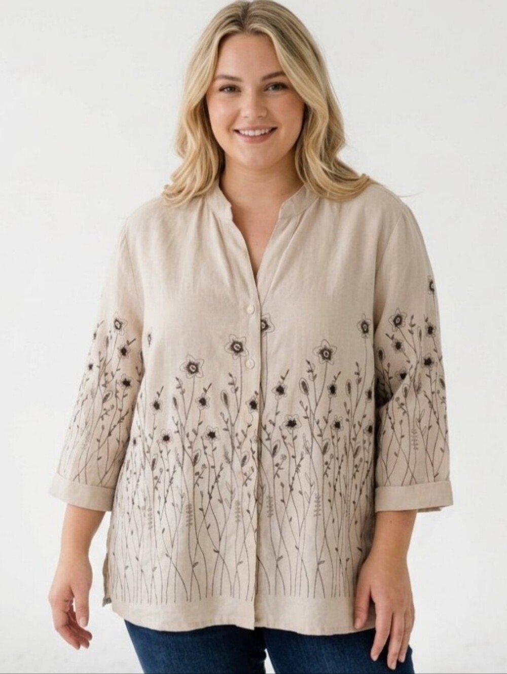 Tweeds 100% Linen Floral Embroidered Blouse Top 3X Boho Cottagecore